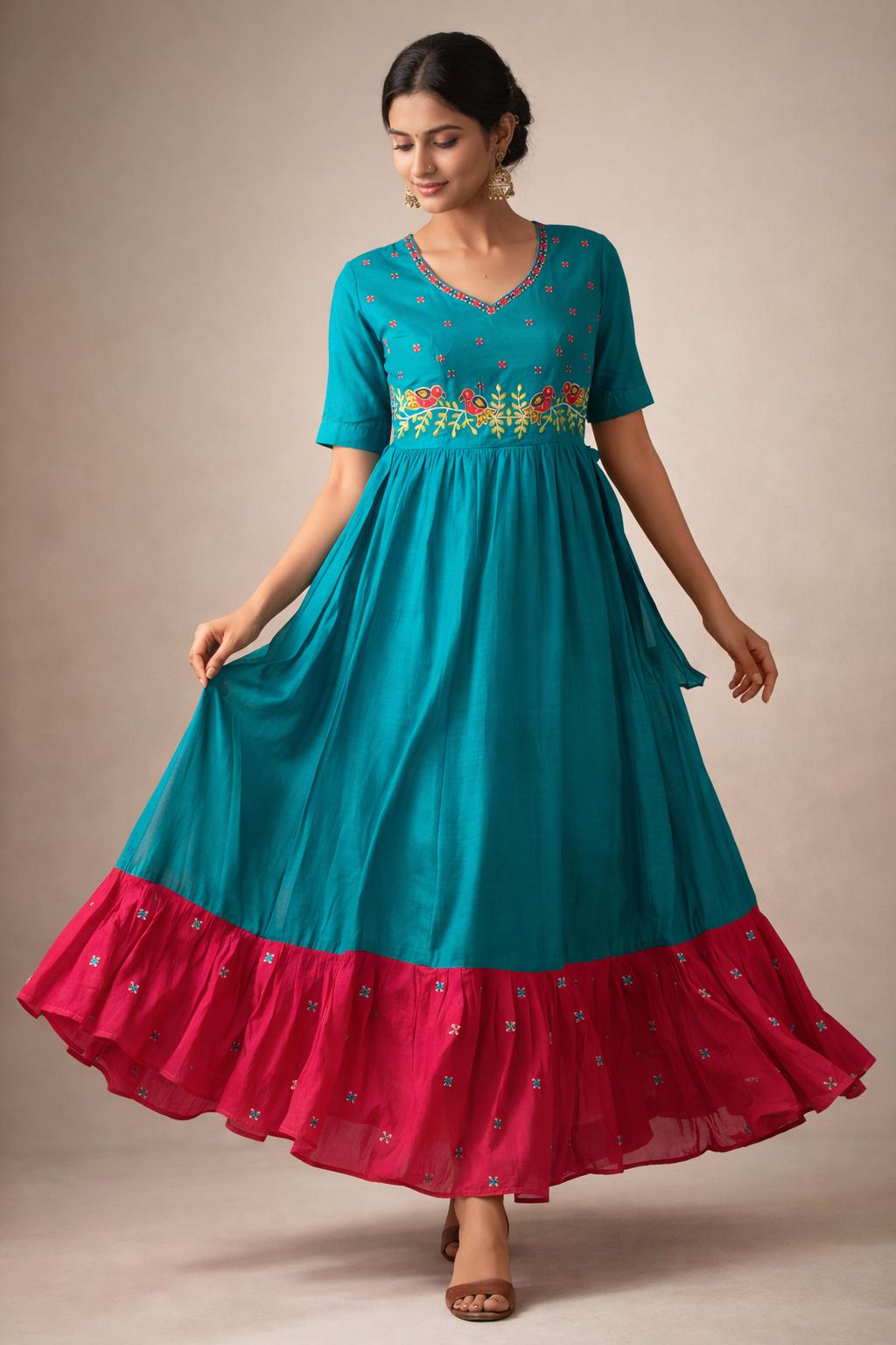 Peacock Blue Mul Chanderi Anarkali Dress with Embroidered Yoke & Contrast Hem.ksm11