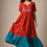 Ruby Red Mul Chanderi Anarkali Dress with Embroidered Yoke & Contrast Flared Hem.ksm10