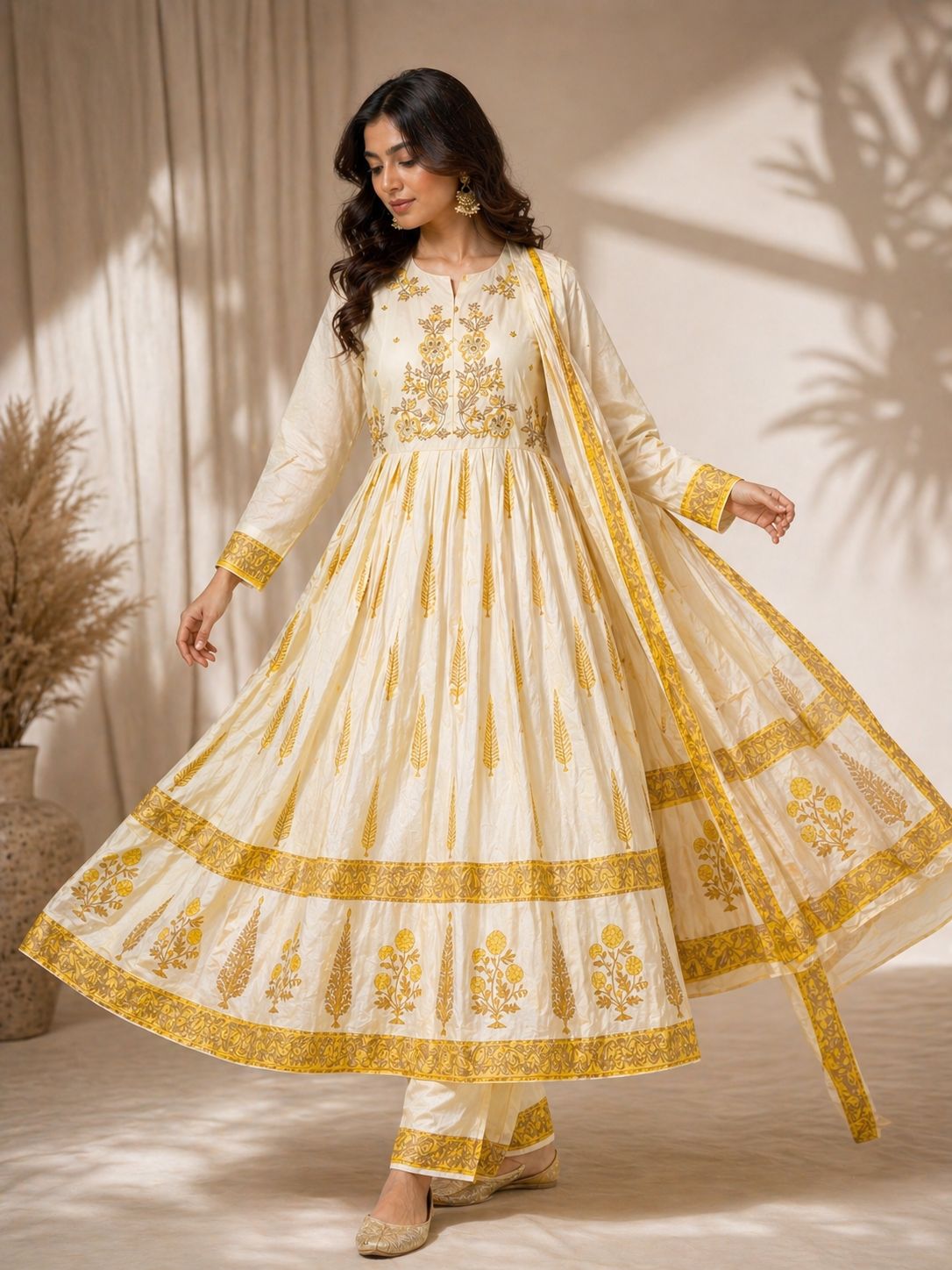 Ivory & Ochre Gold-Printed Mul Cotton Anarkali Set with Dupatta.ksm25