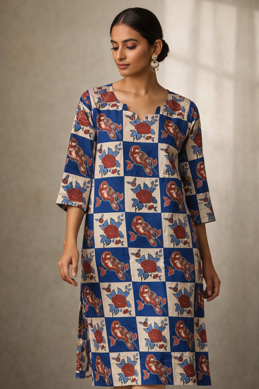 Kalamkari Cotton Grid Top with Rose & Sparrow Motifs- Straight-Cut Top.ksm21