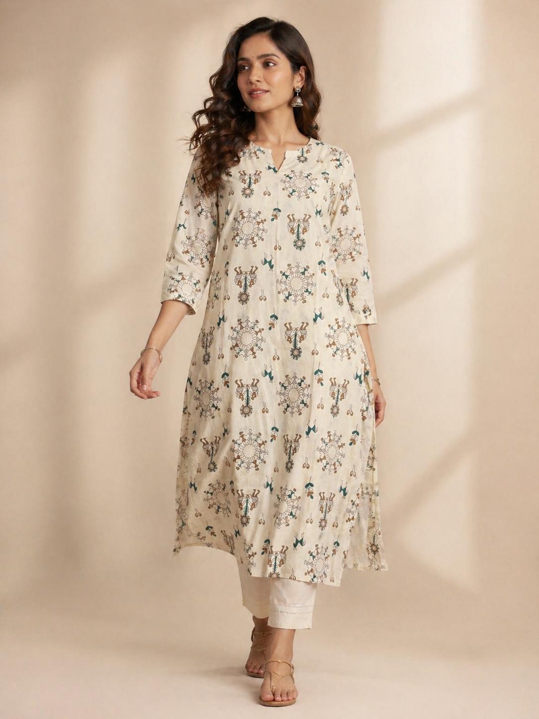 Kalamkari Cotton Top with Circular Folk Art Motifs.ksm24