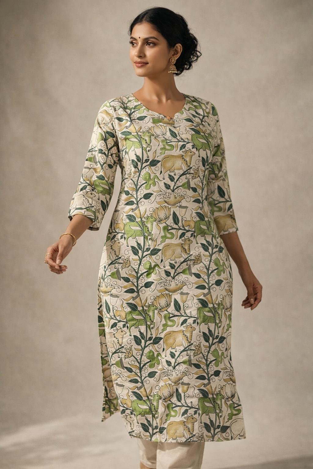 Hand-Illustrated Kalamkari Cotton Straight Top in Moss Green.ksm22