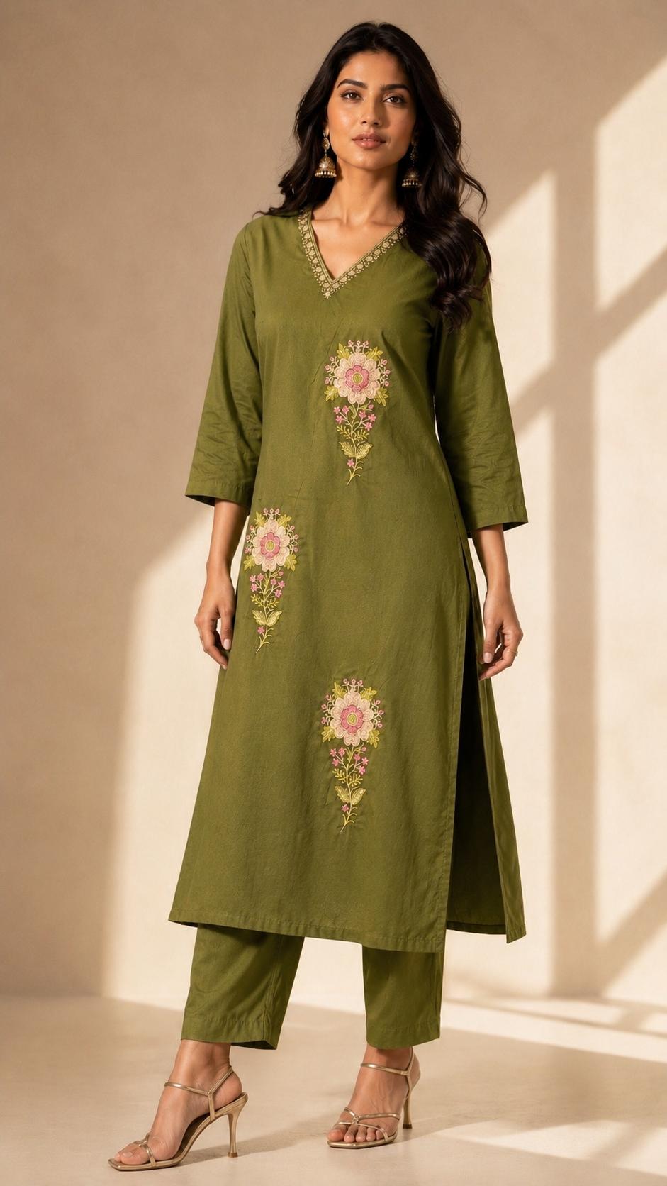 Olive Green Dhabu Cotton Cod Set with Floral Embroidery & Sequence Work.ksm37