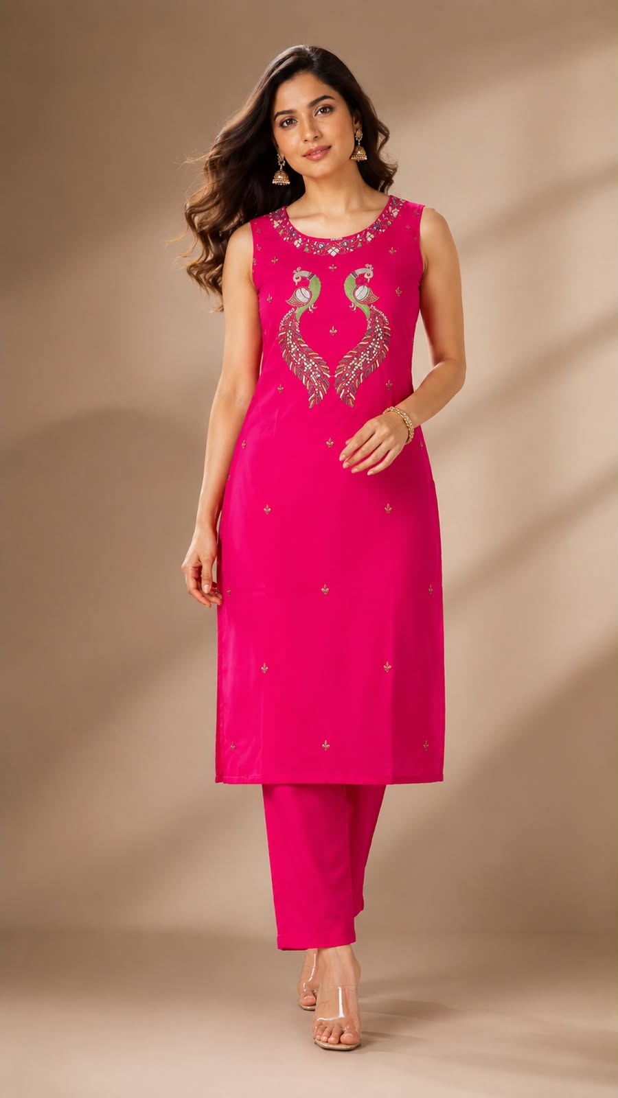 Vibrant Rani Pink Dhabu Cotton Co-ord Set with Peacock Embroidery.ksm38