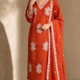 Floral Embroidered V-Neck Mul Cotton 3-Piece Suit Set in Rust colour.ksm39