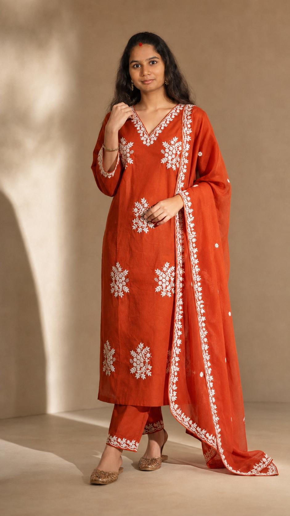 Floral Embroidered V-Neck Mul Cotton 3-Piece Suit Set in Rust colour.ksm39