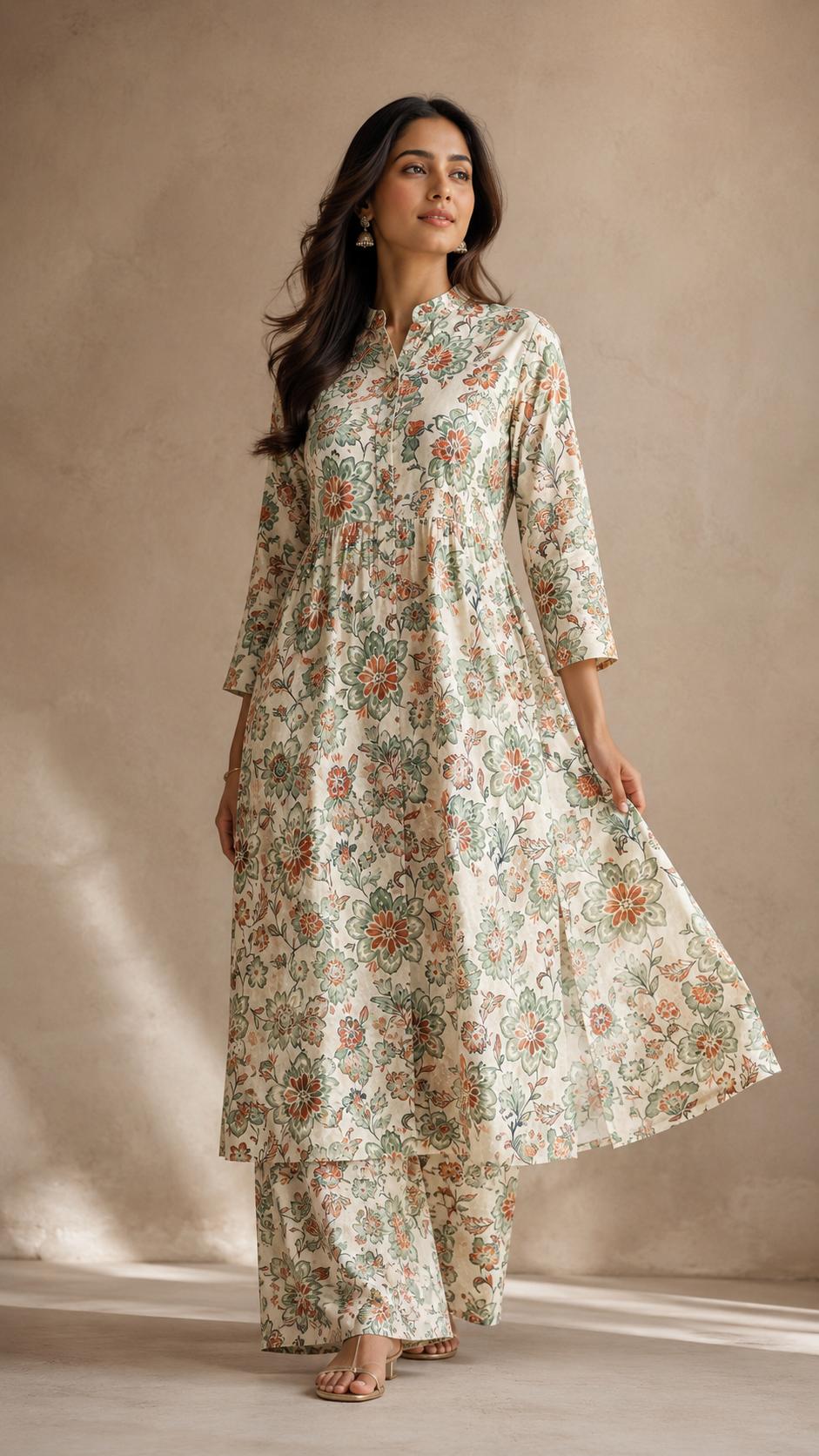 Floral Printed Pure Cotton Co-ord Set with A-Line Kurti and Wide-Leg Palazzo.ksm41