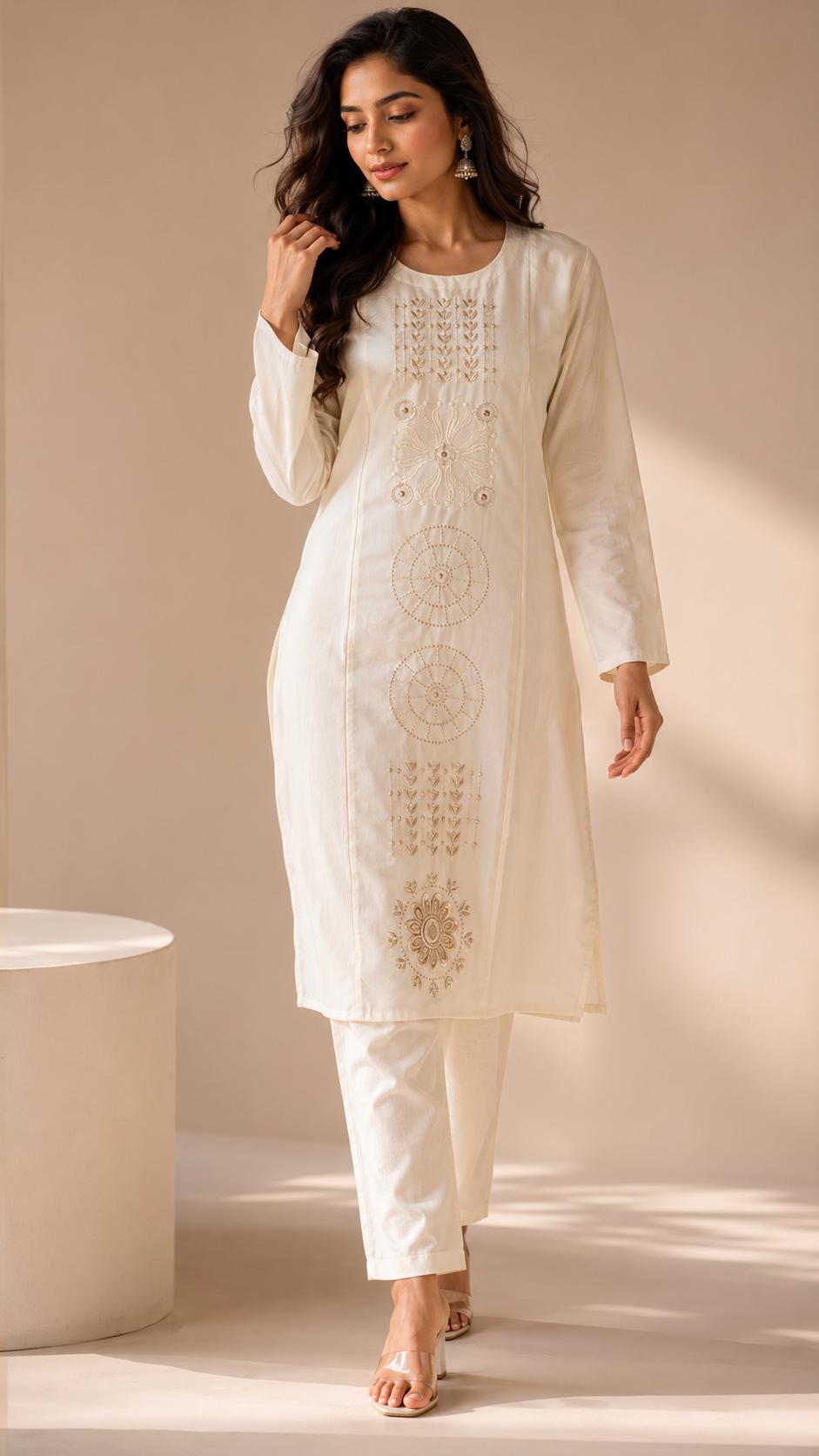 Elegant Ivory Embroidered Cotton Co-ord Set.ksm47