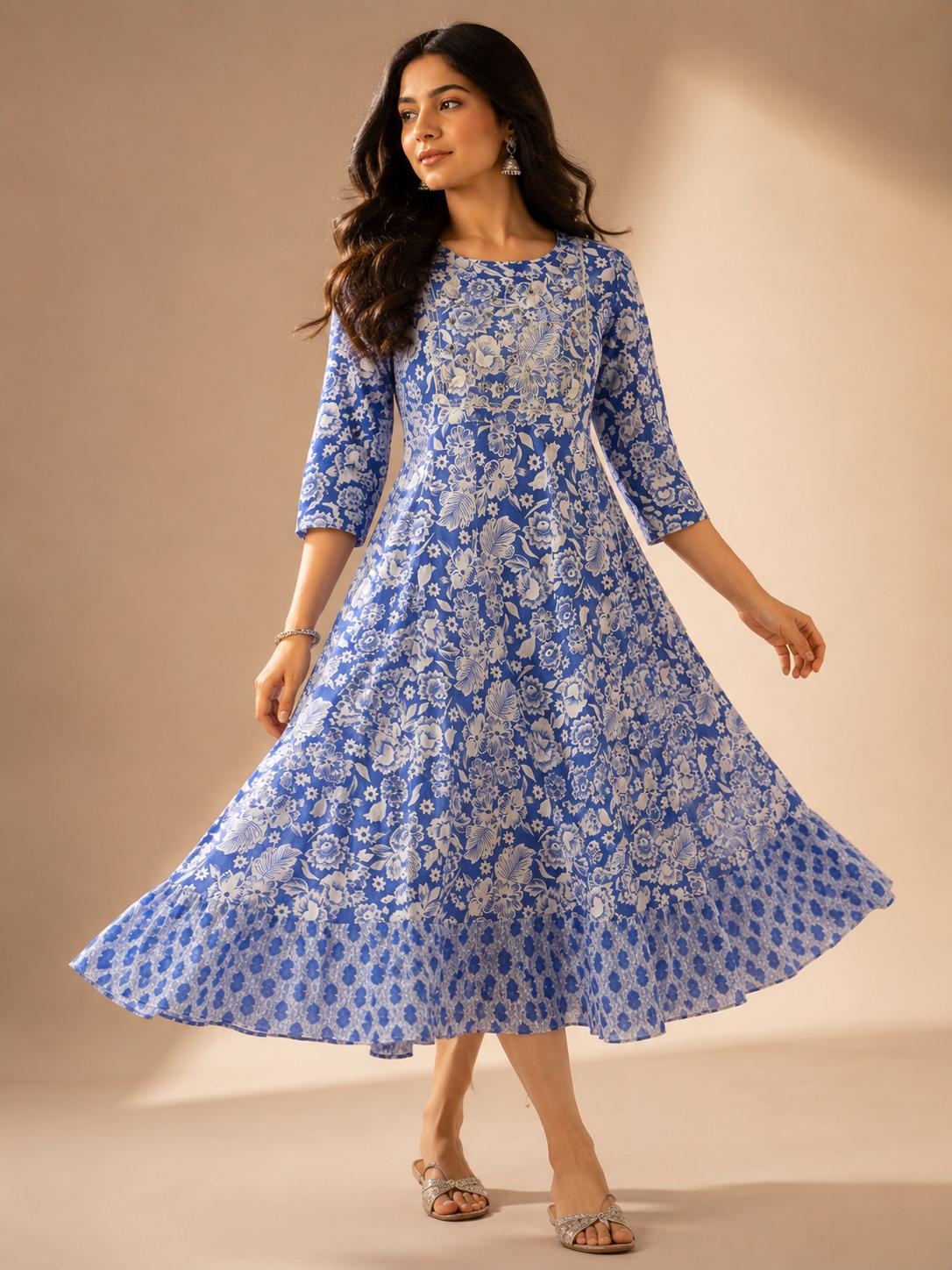 Royal Blue Floral Printed Cotton Long Frock,ksm46
