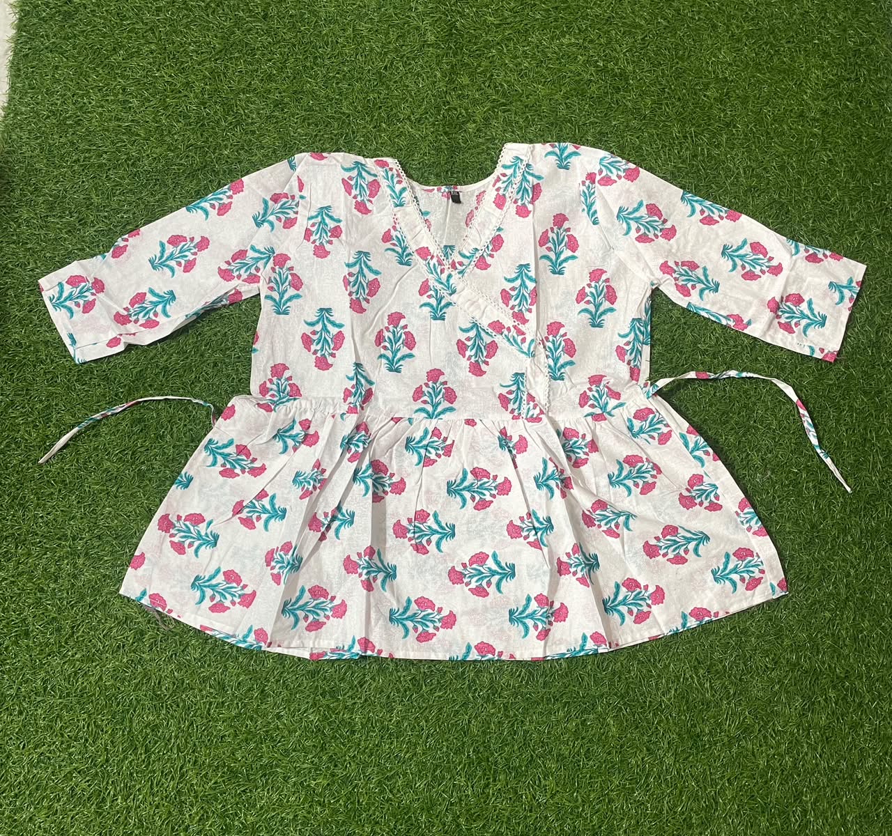 Jaipur Soft Cotton Pink & Teal Floral Angrakha Peplum Top.KSM57