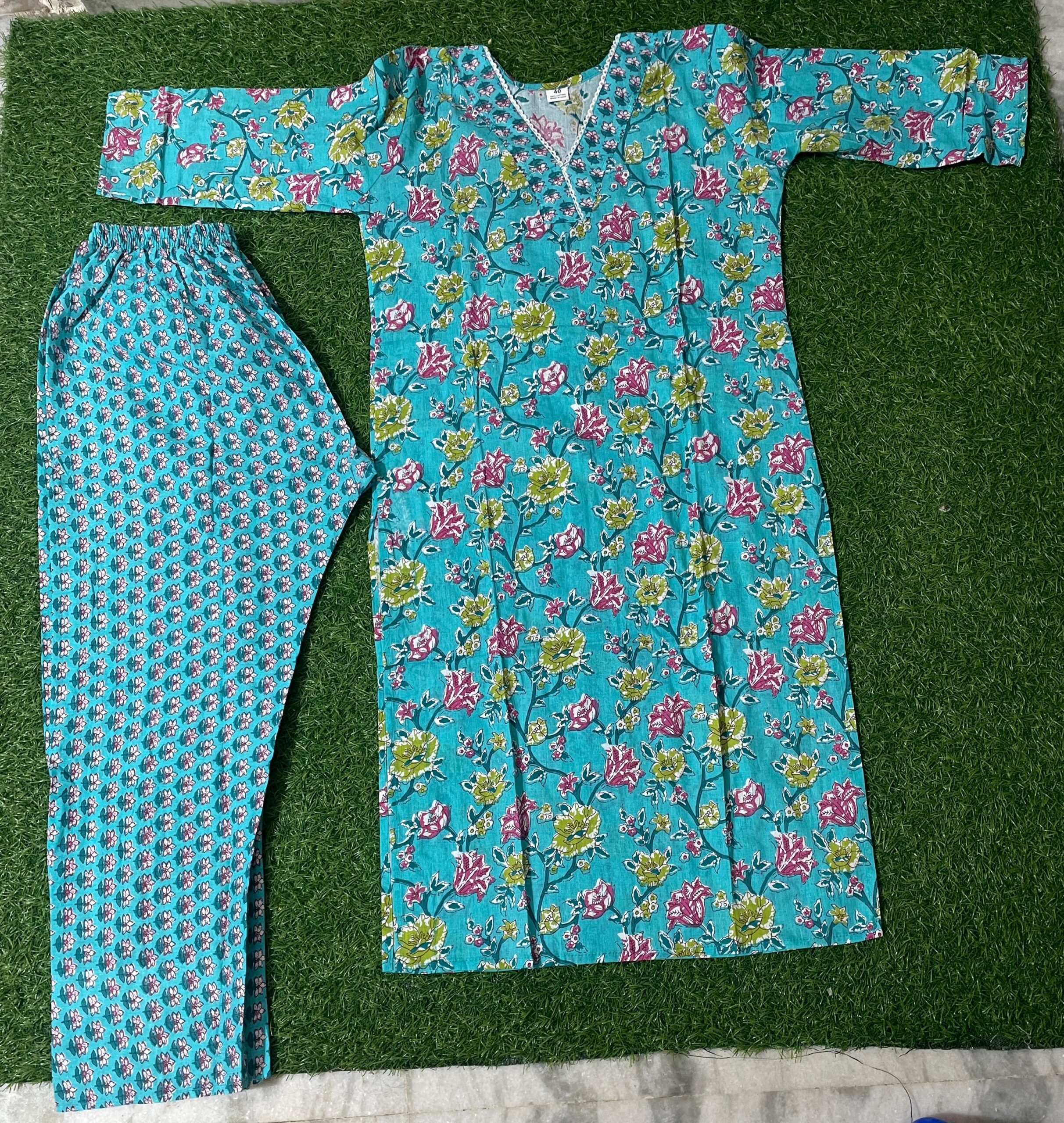 Teal Blue Floral Jaipur Soft Cotton Co-ord Set with Lace Detailing.ksm49