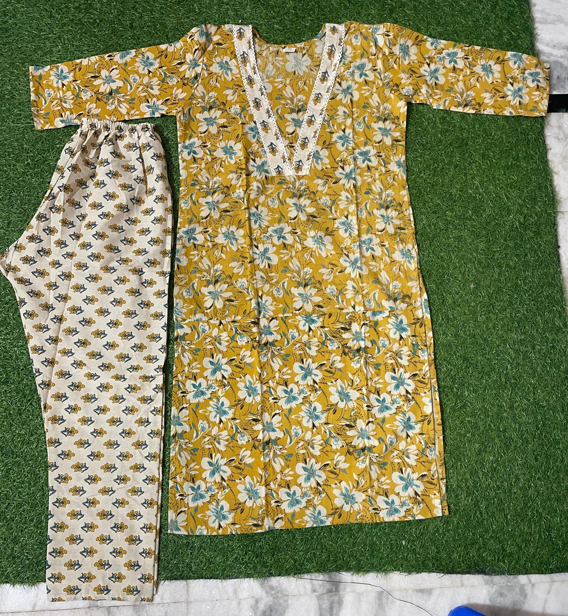 Mustard Yellow Floral Jaipur Soft Cotton Co-ord Set with Lace Detailing.KSM48