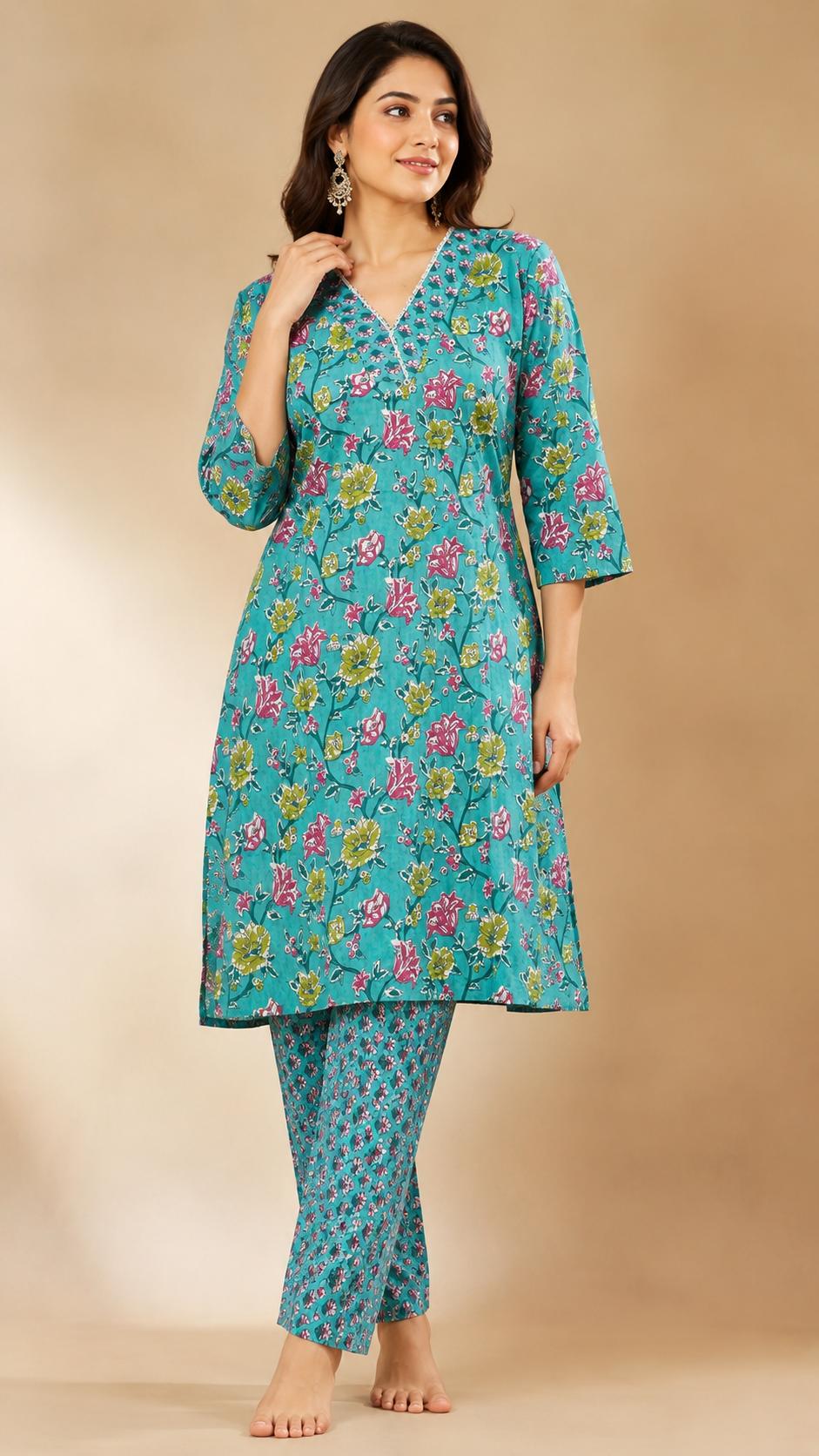 Teal Blue Floral Jaipur Soft Cotton Co-ord Set with Lace Detailing.ksm49
