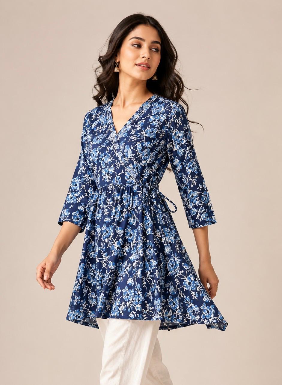 Jaipur Soft Cotton Navy Blue Floral Angrakha Peplum Top.KSM58