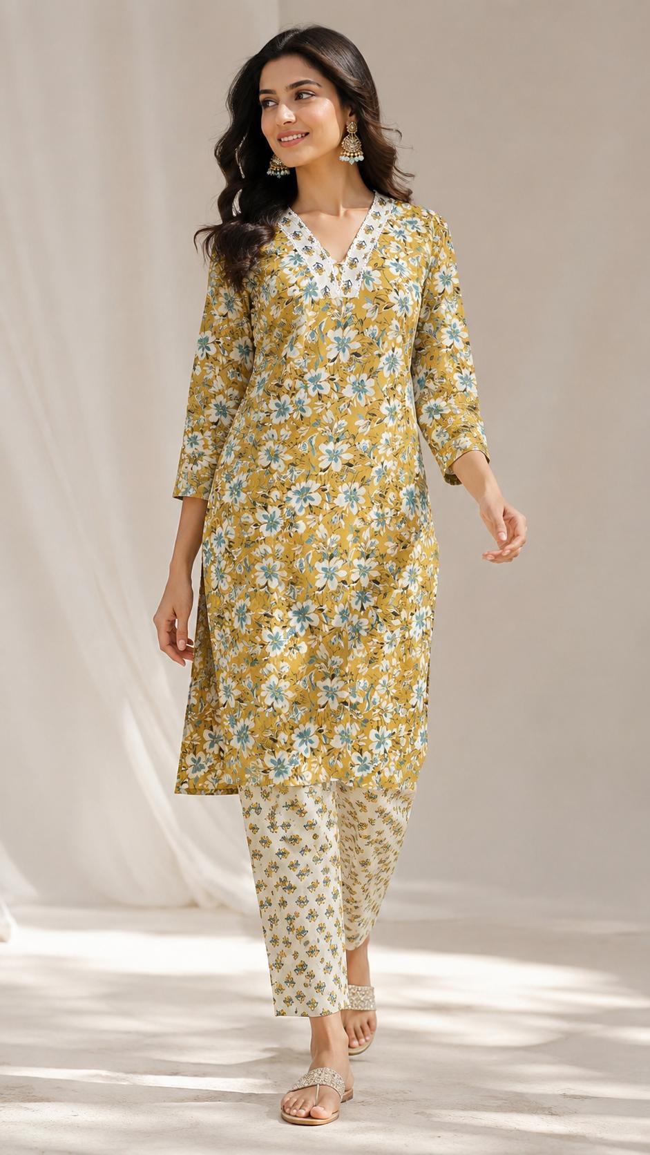 Mustard Yellow Floral Jaipur Soft Cotton Co-ord Set with Lace Detailing.KSM48