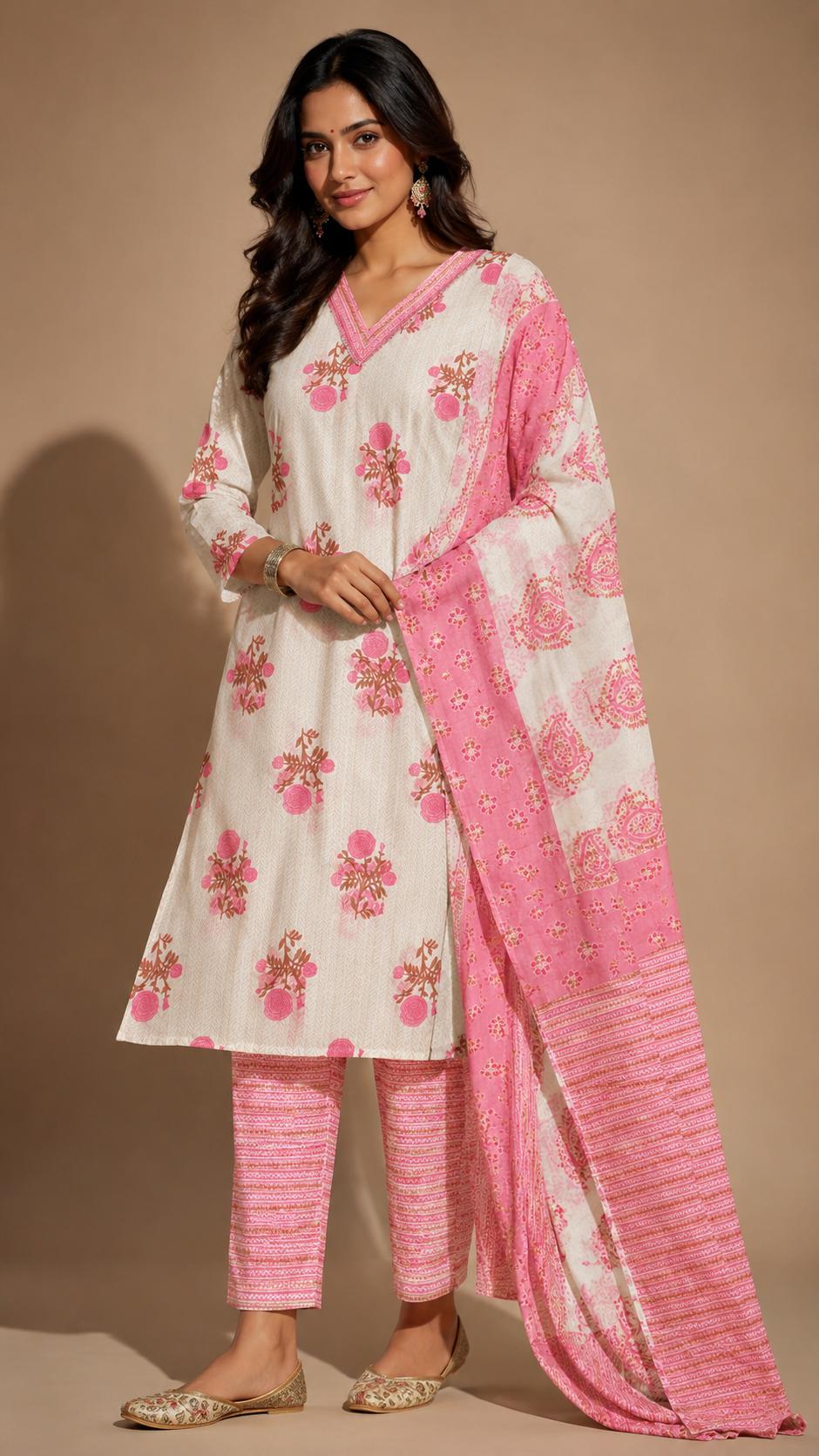 Elegant Pink Floral Jaipur Soft Cotton Kurta Set with Dupatta.ksm53