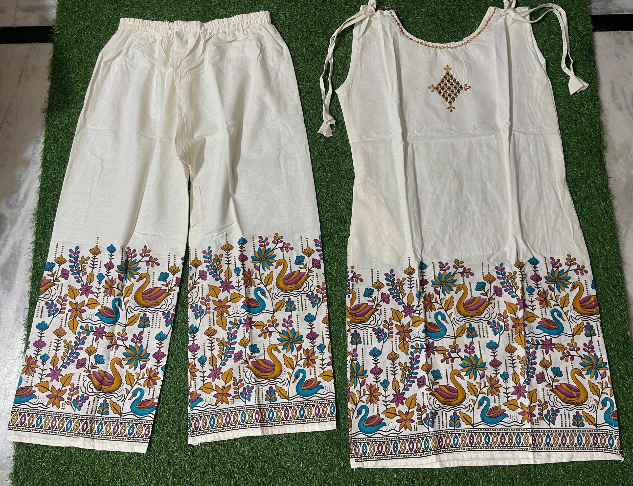 Botanical Swan Khadi Cotton Co-Ord Set – Ivory & Multicolor.ksm61