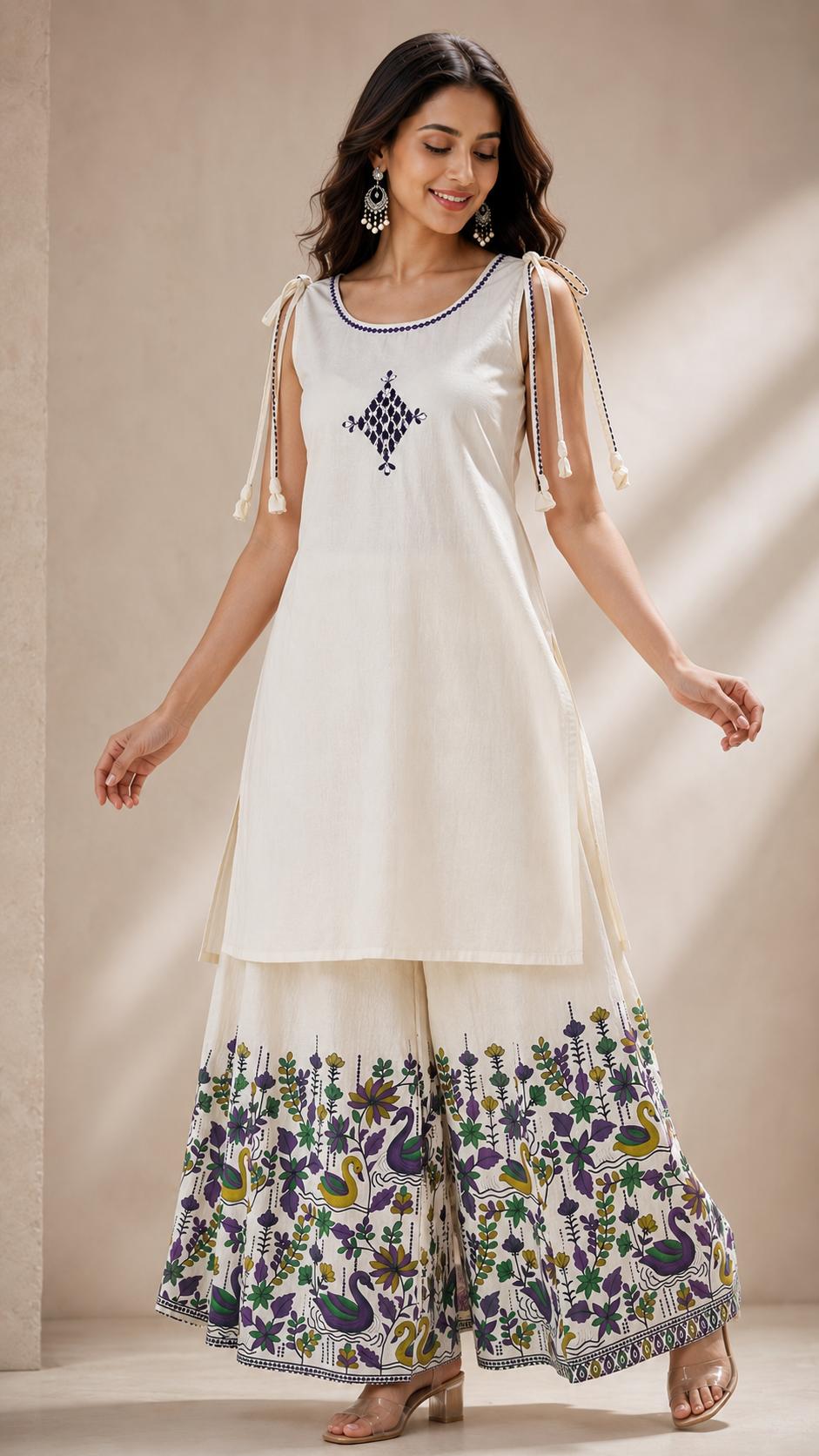 Botanical Swan Khadi Cotton Co-Ord Set – Ivory & Multicolor.ksm61