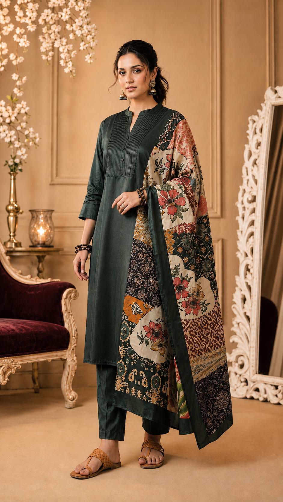 Emerald Radiance Roman Silk Suit Set with Pin-Tuck Detailing,Green Roman Silk & Printed Dupatta Set.ksm65
