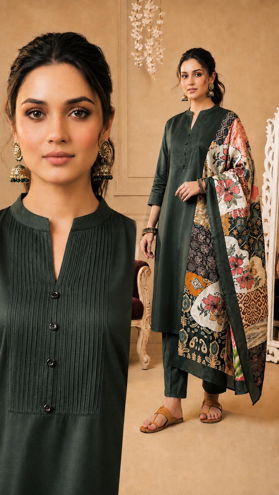 Emerald Radiance Roman Silk Suit Set with Pin-Tuck Detailing,Green Roman Silk & Printed Dupatta Set.ksm65