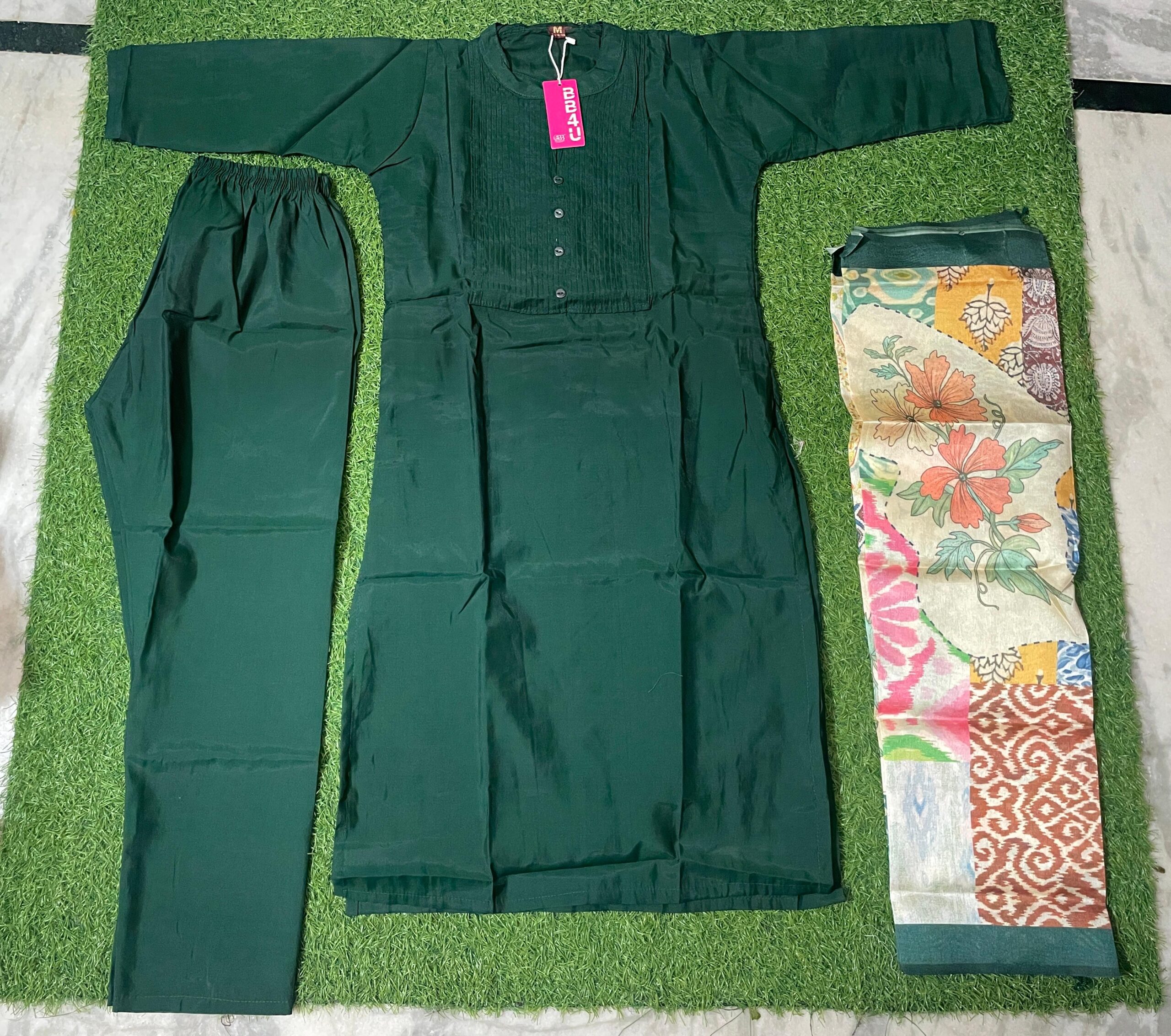 Emerald Radiance Roman Silk Suit Set with Pin-Tuck Detailing,Green Roman Silk & Printed Dupatta Set.ksm65