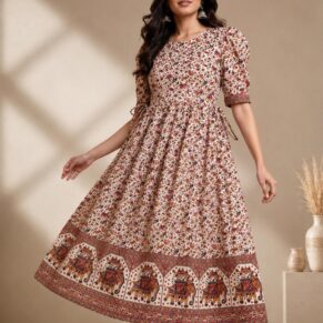 Royal Elephant Motif Ajrakh Print Flared Midi Dress.ksm73