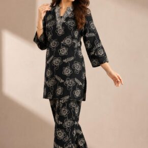 Liva Brand-Midnight Bloom Monochrome Floral Cotton Co-ord Set.ksm75