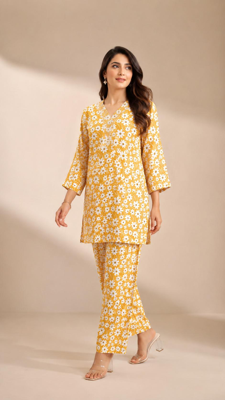 Liva Brand-Sunshine Yellow Floral Cotton Kurta & Pant Co-ord Set.ksm74